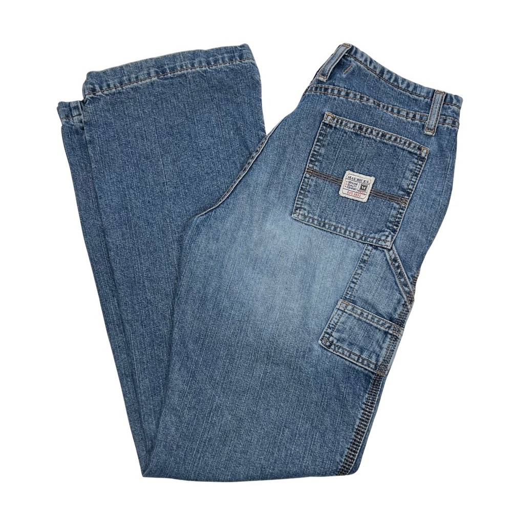 Maurices Straight Jeans Carpenter Mid Rise Utility Distressed Denim Blue 3/4 - Picture 17 of 17